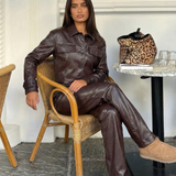 Faux Leather Jacket and Straight Leg Pants Two Piece Set