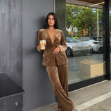 Velvet Blazer and Wide Leg Pants Elegant Two Piece Suit