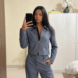 Cropped Jacket and Wide Leg Pants Suit Set