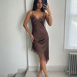 Asymmetrical Satin Slip Dress Spaghetti Strap Midi Dress