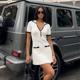 Contrast Trim Zip Front Mini Dress Short Sleeve