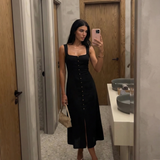 Button Front Midi Dress Square Neck Elegant Dress