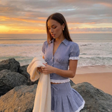 Striped Puff Sleeve Blouse and Pleated Mini Skirt Outfit