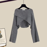 Three-Piece Layered Knit and Shirt Wide-Leg Trouser Set