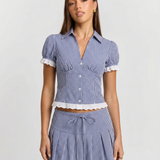 Striped Puff Sleeve Blouse and Pleated Mini Skirt Outfit
