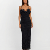 Elegant Ruched Maxi Dress Floral Strap Evening Dress
