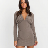 Draped V Neck Mini Dress Long Sleeve Elegant Dress