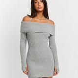 Off Shoulder Ribbed Mini Dress Slim Fit Knit Dress