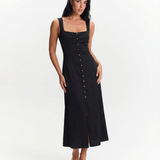 Button Front Midi Dress Square Neck Elegant Dress