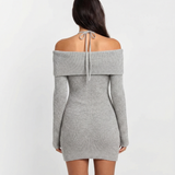 Off Shoulder Ribbed Mini Dress Slim Fit Knit Dress