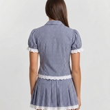 Striped Puff Sleeve Blouse and Pleated Mini Skirt Outfit