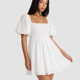 Square Neck Puff Sleeve Mini Dress with Flowy Silhouette