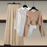 Three-Piece Layered Knit and Shirt Wide-Leg Trouser Set