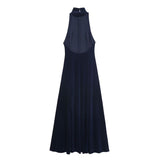 Elegant Halter Neck Pleated Maxi Dress Open Back