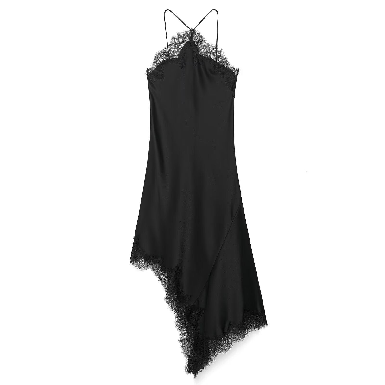 Asymmetrical Satin Slip Dress Spaghetti Strap Midi Dress