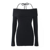 Off Shoulder Ribbed Mini Dress Slim Fit Knit Dress