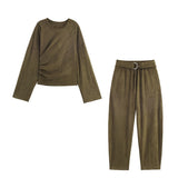 Long Sleeve Draped Top and Tapered Pants Set