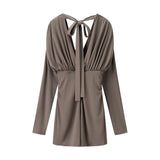 Long Sleeve Ruched Mini Dress with Deep V Neck