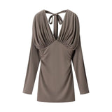 Draped V Neck Mini Dress Long Sleeve Elegant Dress