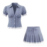 Striped Puff Sleeve Blouse and Pleated Mini Skirt Outfit