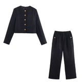 Button Front Cropped Jacket and Tailored Pants Set