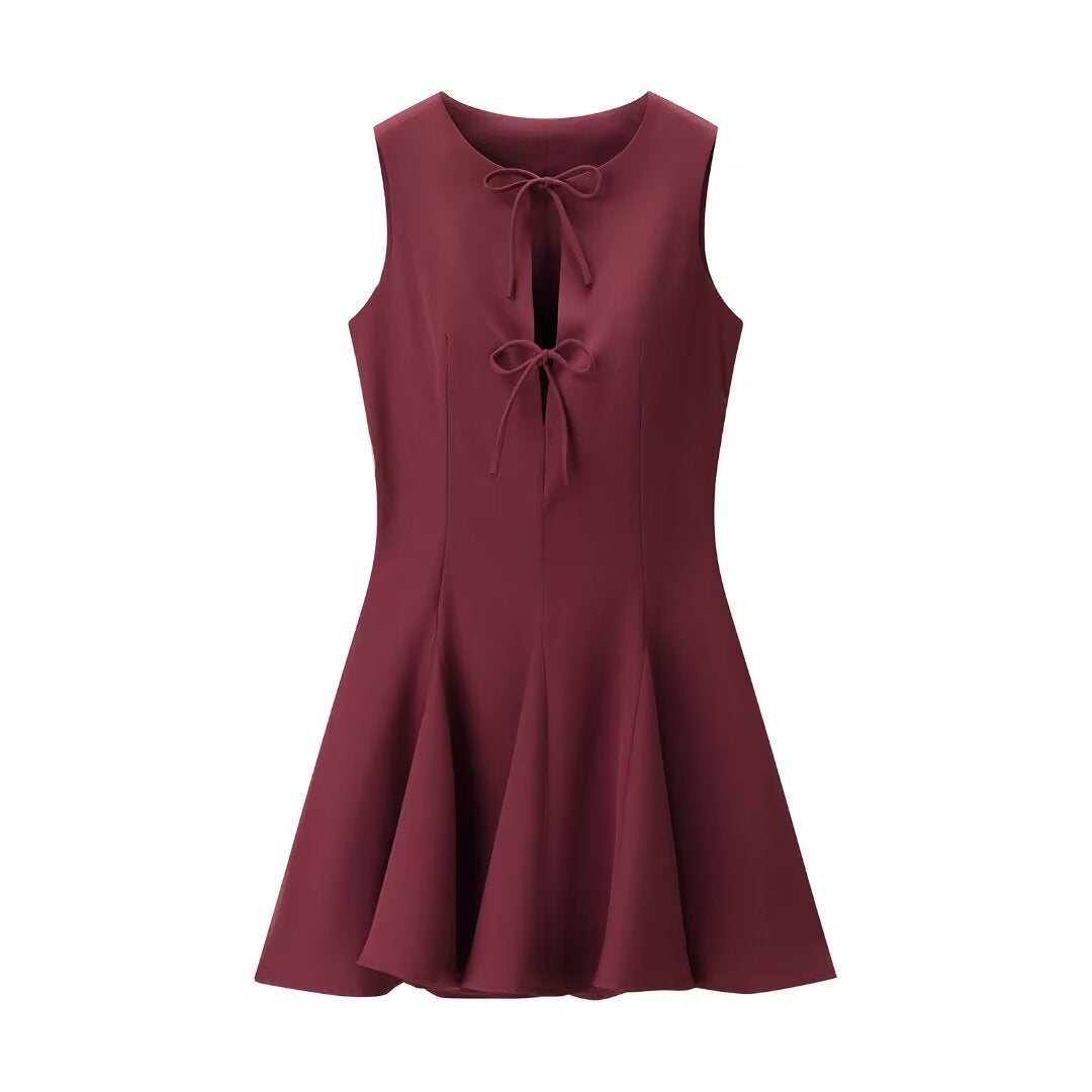 Elegant Lace Up Sleeveless Mini Dress Flared Skirt