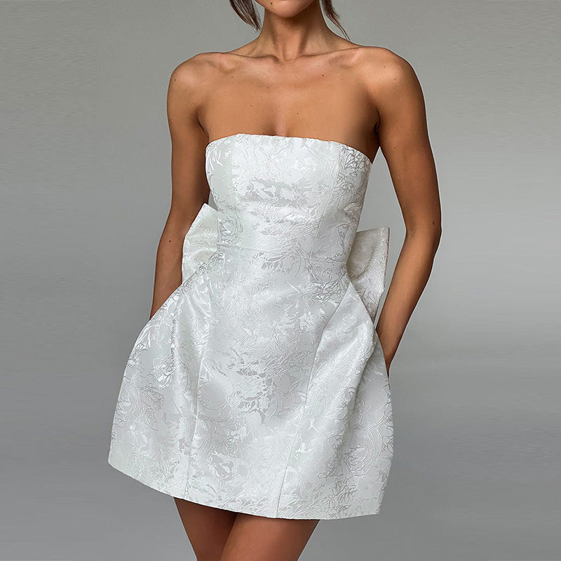 Strapless Mini Cocktail Dress with Floral Jacquard Finish