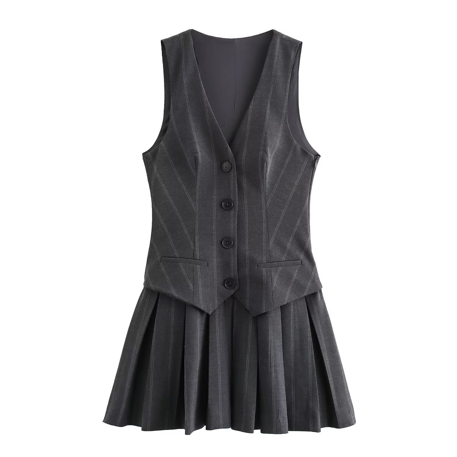 Button Front Pleated Mini Dress Tailored Sleeveless Dress