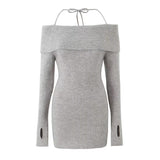 Off Shoulder Ribbed Mini Dress Slim Fit Knit Dress