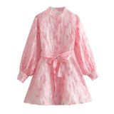 Floral Long Sleeve Wrap Mini Dress Elegant Tie Waist