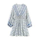 Printed V Neck Long Sleeve Mini Dress with Flowy Fit