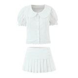 Peter Pan Collar Blouse and Pleated Mini Skirt Elegant Outfit
