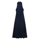 Elegant Halter Neck Pleated Maxi Dress Open Back