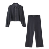 Zip Front Cropped Jacket and Wide Leg Pants Set