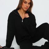 Elegant Ribbed Lounge Set with Half-Zip Top and Flared Trousers