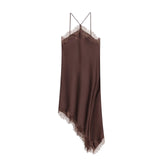 Asymmetrical Satin Slip Dress Spaghetti Strap Midi Dress