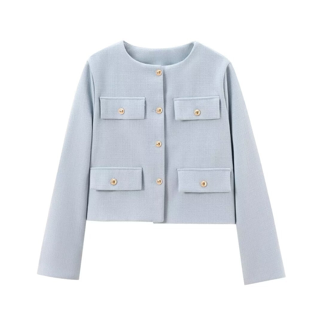 Elegant Textured Button-Up Cropped Jacket