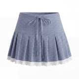 Striped Puff Sleeve Blouse and Pleated Mini Skirt Outfit