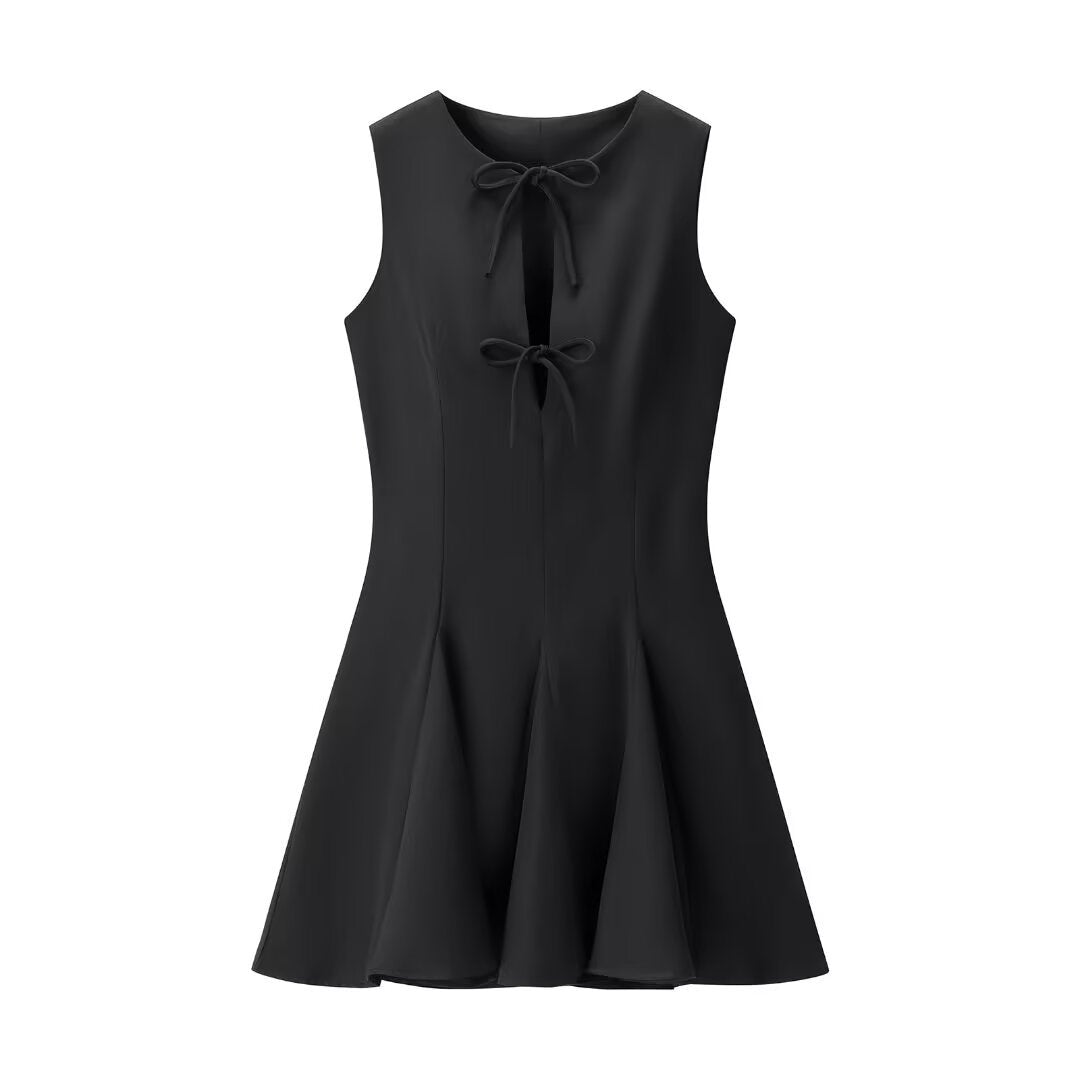 Elegant Lace Up Sleeveless Mini Dress Flared Skirt