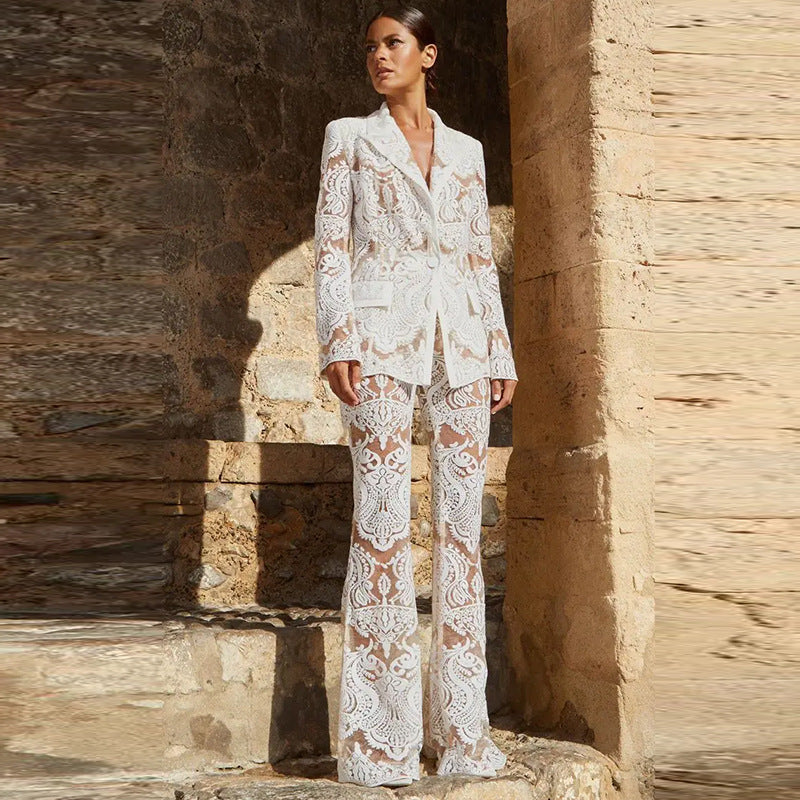 Lace Co-Ord Set with Sheer Blazer and Flared Trousers