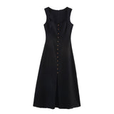 Button Front Midi Dress Square Neck Elegant Dress