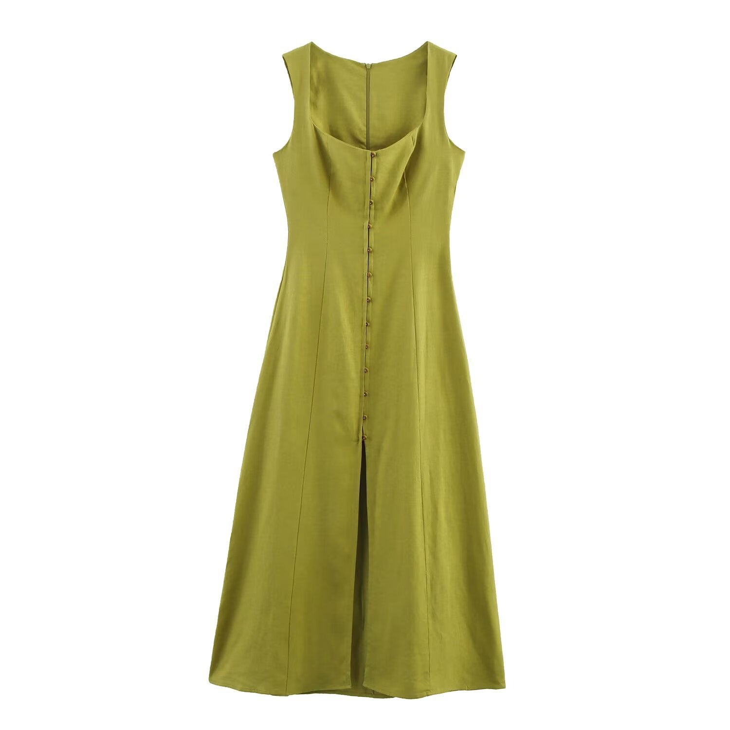 Button Front Midi Dress Square Neck Elegant Dress