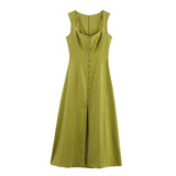 Button Front Midi Dress Square Neck Elegant Dress
