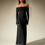 Off-Shoulder Flounce Sleeve Sequin Maxi Dress