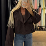 Cropped Double-Breasted Trench Coat with Contrast Buttons
