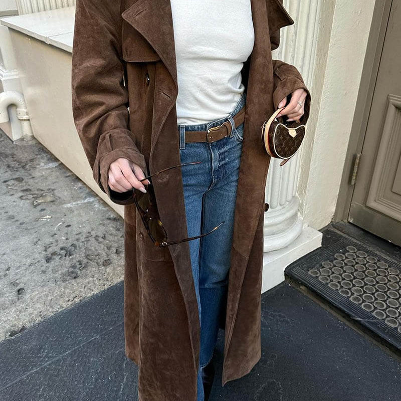Long Faux Suede Trench Coat with Belted Waist