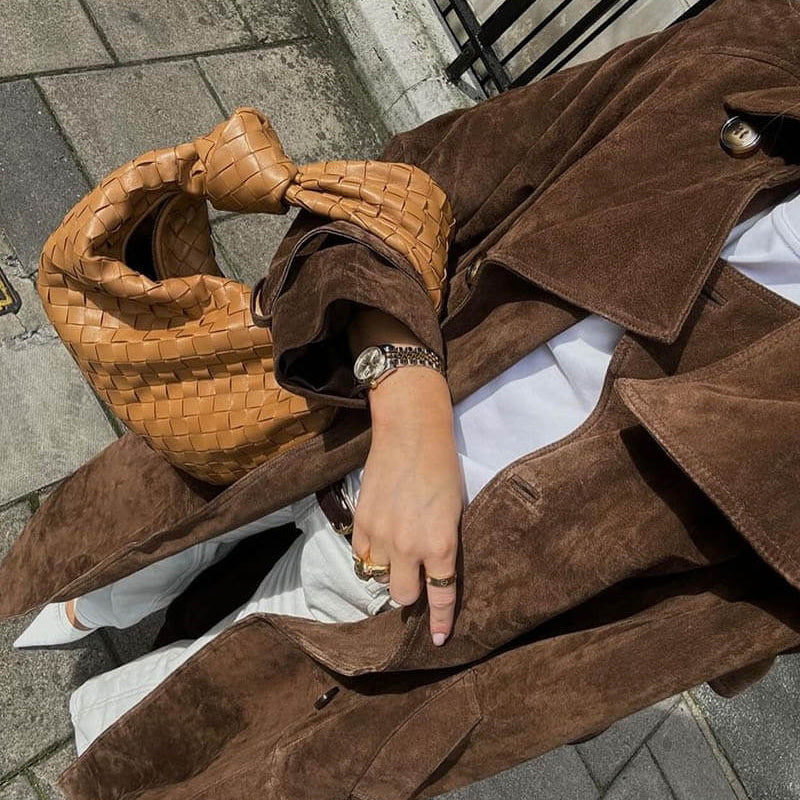 Long Faux Suede Trench Coat with Belted Waist