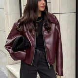 Minimalist Faux Leather Zip-Up Jacket with Pointed Collar