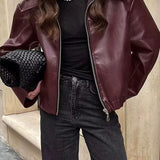 Minimalist Faux Leather Zip-Up Jacket with Pointed Collar