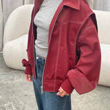 Oversized Street Style Zip Jacket with Contrast Stitching
